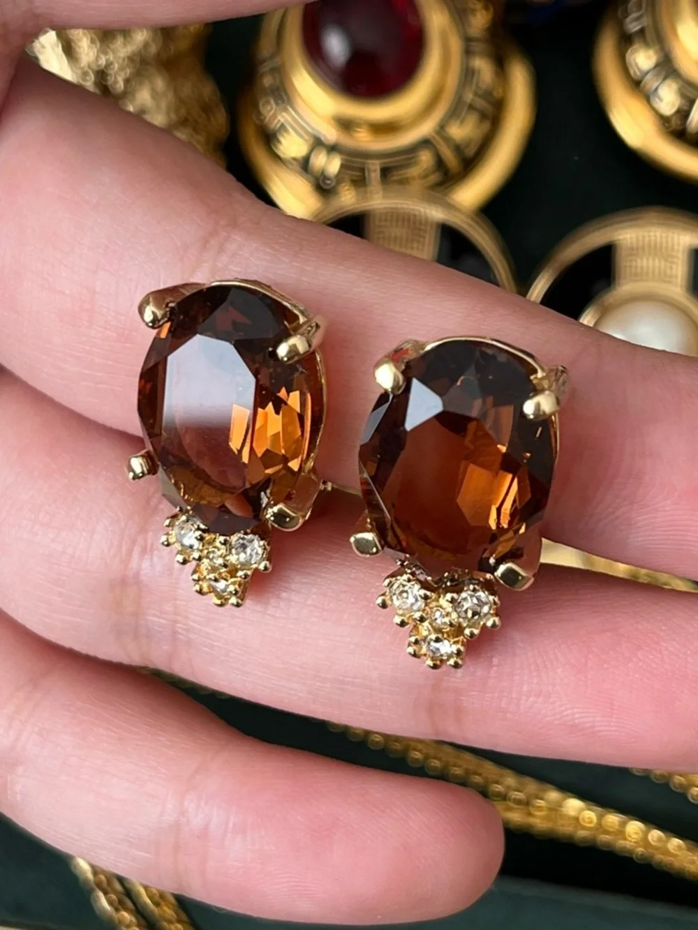 Authentic Vintage Dior Oval Brown Glass Stone Crystal Prong Gold Clip Earrings